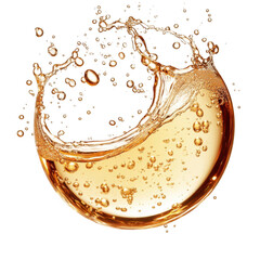 Golden liquid splash with bubbles isolated on black background