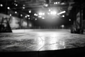 Black and white indoor stage scene, shallow depth of field