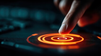 Person touching a bright red symbolizing instant command and user engagement with technological interfaces