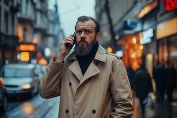 Concerned bearded businessman makes a phone call on the city street, reflecting concern and urgency in a busy urban environment, Generative AI