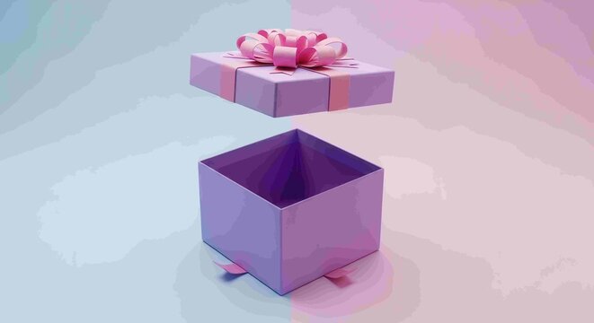 Floating Open Purple Gift Box with Pink Ribbon on Pastel Gradient Background