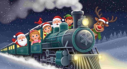 Christmas train with Santa Claus, reindeer and elf in winter landscape