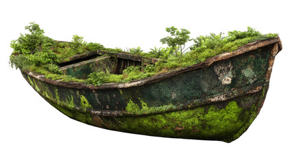 Abandoned overgrown wooden boat
