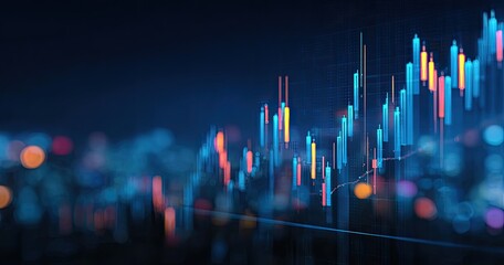 Abstract financial chart overlayed on a blurred city skyline. Colorful candlestick charts rise and fall over a dark background, with a cityscape bokeh effect