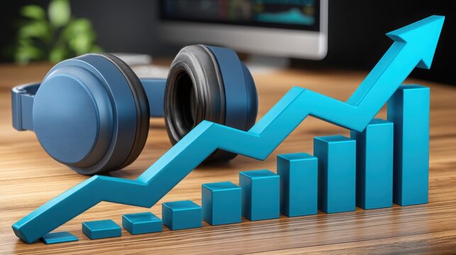 Headphone icon with graph trend illustrating podcast growth in the digital age and communication strategies
