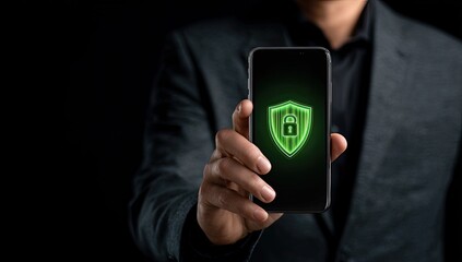 Smartphone displaying a glowing green shield and lock, held by a person in a dark suit