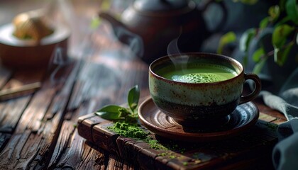 Fototapeta premium Warm steaming vibrant green matcha tea in a rustic ceramic cup on a dark wooden board with leaves