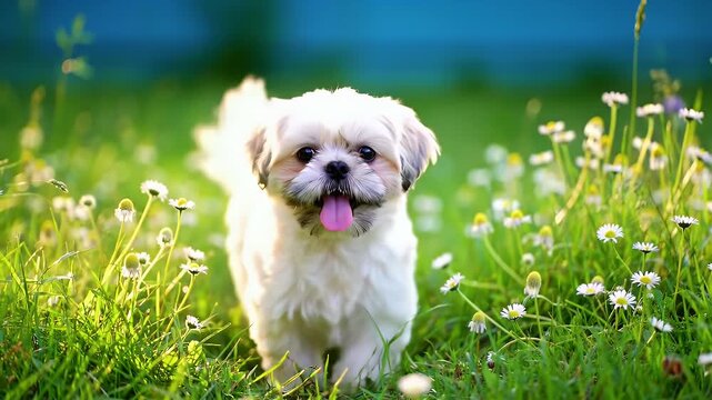 Charming White Shih Tzu Puppy Walking in a Green Grassy Field Full of Blooming Daisies Displaying its Playful Energy and Adorable Charm in an Eye Level Shot Perfect for Decoration