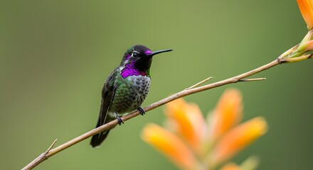 Fototapeta premium Hummingbird on branch with orange flowers