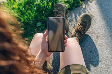 Person holding phone, outdoor setting