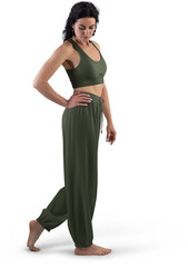 Mockup of green wide pants for yoga, on a woman in full height, side view, png
