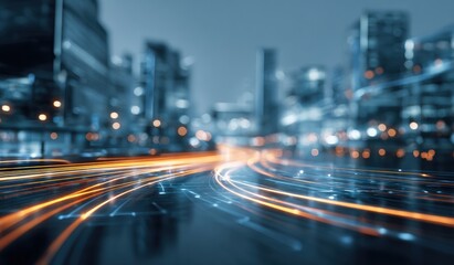 Cityscape at night with digital trails