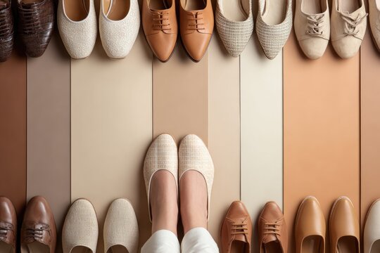 Various shoes in beige and tan hues, arranged in rows on a striped surface with a pair of feet in the center