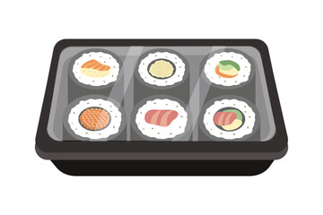 Sushi Rolls in a Tray A Delicious Japanese Food Meal. Delivery sushi box. Sushi packaging.