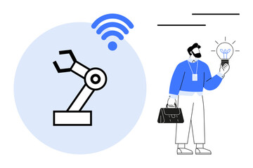 Man holding lightbulb signifies innovation while robotic arm and wireless highlight advanced technology. Ideal for technology, AI, engineering, creativity, automation, wireless connectivity