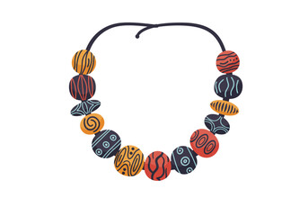 A beaded necklace with colorful uniquely patterned round and oval beads on a black cord