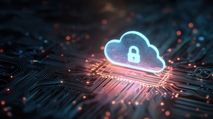 Glowing Blue Cloud Security Icon on Circuit Board