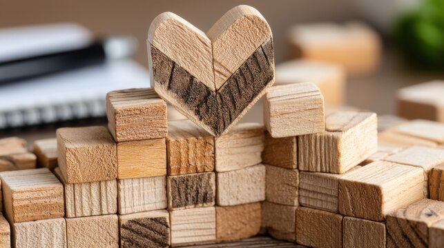 Heart icon resting on pile of wooden blocks representing trust and relationship building in modern marketing