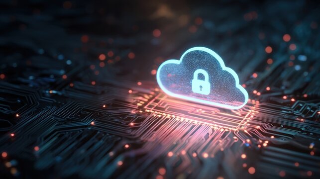 Glowing Blue Cloud Security Icon on Circuit Board