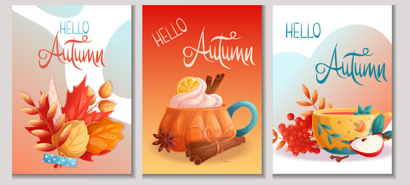 A set of greeting card templates with a bouquet of autumn leaves and a cup of hot drink. Happy Thanksgiving day. Vector illustration for seasonal design of postcards, banners, posters and promotions