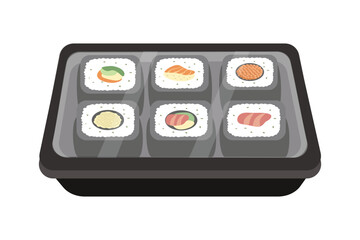 Sushi Selection in a Black Tray Assortment of Maki Rolls. Sushi packaging. Sushi lunch box. Delivery sushi.