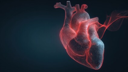 3D heart model, wireframe, digital art
