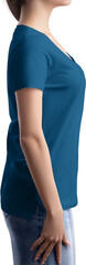 Fototapeta premium Blue t-shirt mockup with pocket, v-neck on girl, png, side view