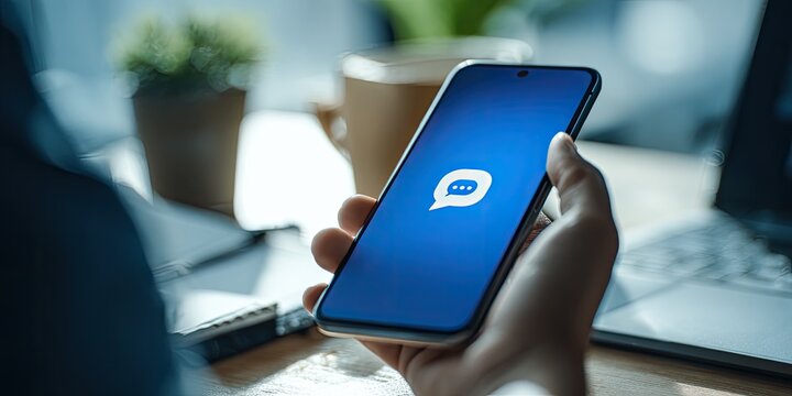 Close-up of a person holding a smartphone with a messaging app icon