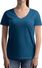 Blue t-shirt mockup with pocket, v-neck on girl, png, front view