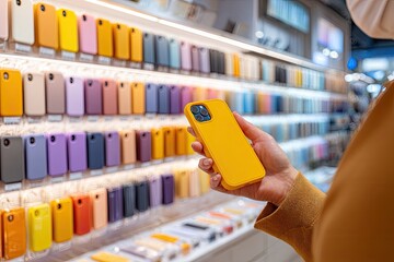Woman chooses phone case in store