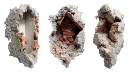 Three holes in a wall, revealing brick