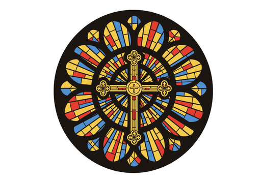 Stainedglass rose window central cross radial colored segments black outline circular frame