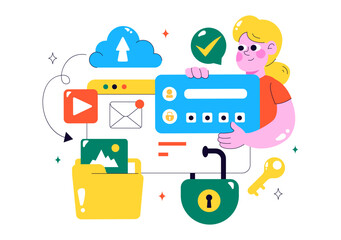 Data Privacy Vector Illustration Featuring Cybersecurity with a Lock on a Screen, Secure Information, Documents and Data Protection in a Background