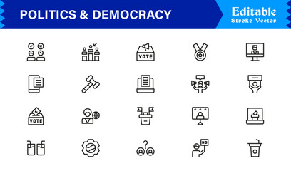 Politics and Democracy line icon set, modern professional vector collection of government, voting, civic rights, election, and policy-related minimal outline illustrations.