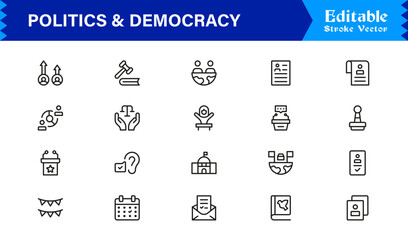 Politics and Democracy line icon set, modern professional vector collection of government, voting, civic rights, election, and policy-related minimal outline illustrations.