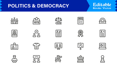 Politics and Democracy line icon set, modern professional vector collection of government, voting, civic rights, election, and policy-related minimal outline illustrations.
