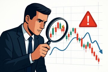 Businessman analyzing stock market chart with magnifying glass and warning sign