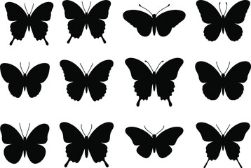 Fototapeta premium Butterfly silhouette collection, black insect icons, symmetrical wing shapes, entomology reference, vector set, nature design, isolated graphic elements