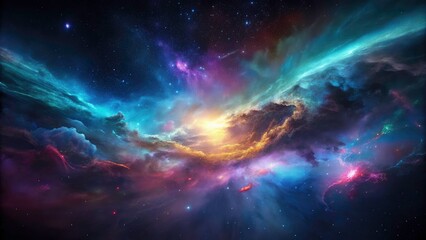 Naklejka premium Cosmic Nebula Gradient: Deep Space Blues to Purple Nebula - High Depth of Field Abstract Art