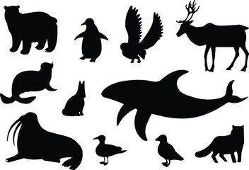 Arctic animals silhouettes, polar wildlife icons, black animal shapes, cold region fauna, vector illustration, penguin, bear, whale, seal, fox