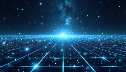 Fototapeta premium Futuristic Virtual World Depicting Infinite Glowing Grid Spanning Across The Cosmos