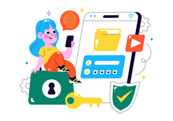 Data Privacy Vector Illustration Featuring Cybersecurity with a Lock on a Screen, Secure Information, Documents and Data Protection in a Background