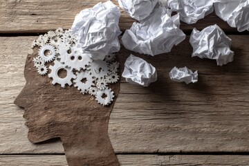 Silhouette head with gears and crumpled paper, suggesting mental overload