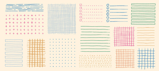 Crayon textured stripes, dots and grids for journal notes. Colorful hand drawn geometric notebook pages checkered and line patterns, vector bullet journal elements
