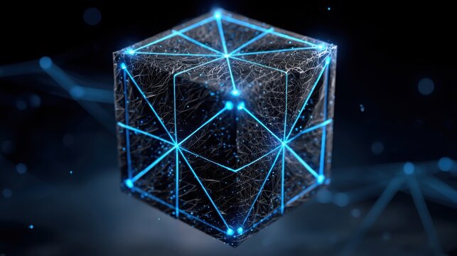 Captivating hologram of a cube illuminated by a blue light rising from a surface showcasing advanced data structures
