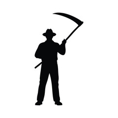  Silhouette of a farmer or grim reaper holding a scythe, representing harvest, farming, or a spooky theme.