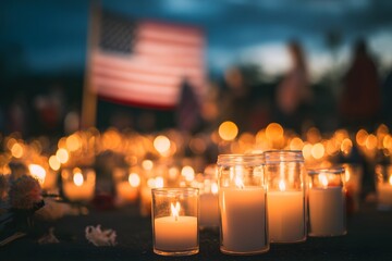 Candlelit Memorial with American Flag at Night During Vigil. Representing Patriot Day. E Pluribus Unum