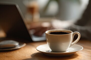 Steam rising from a cup of coffee on a wooden desk near a laptop