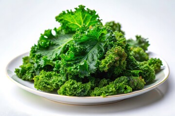 Fototapeta premium Crispy Kale Chips Panoramic Photo: Healthy Snack, White Plate, Vegan Recipe