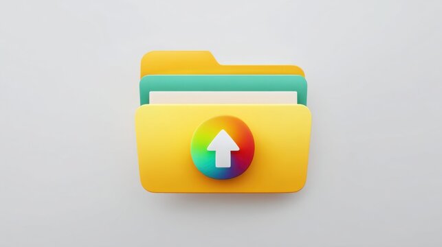 Colorful folder featuring a rainbow arrow signifying downloading in a futuristic digital environment
